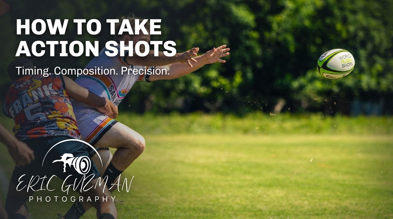 Action sports photography tutorial showing a rugby ball mid-air with a player reaching to catch it on a green field.
