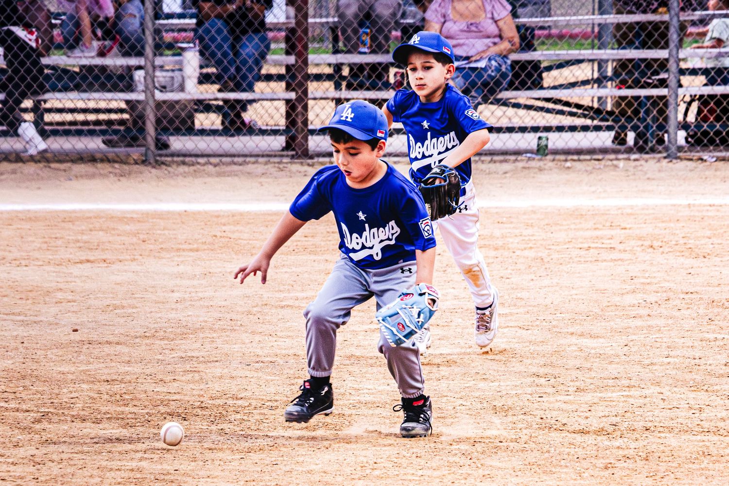 Two young boys in Dodgers uniforms playing little league baseball on a dirt field, one fielding a ground ball.