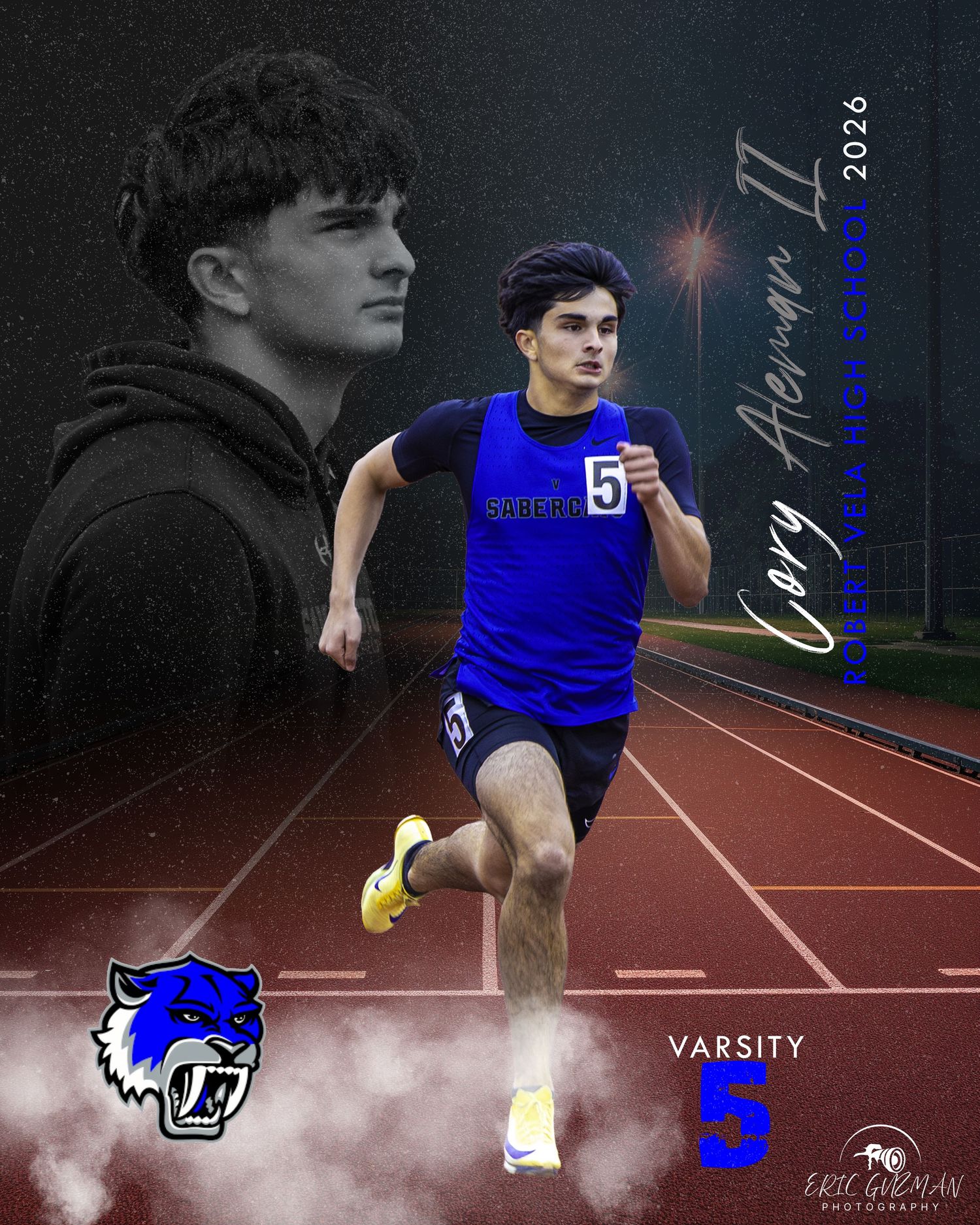 Cory Aleman II, varsity track athlete number 5, running on a track in a blue uniform, class of 2026.