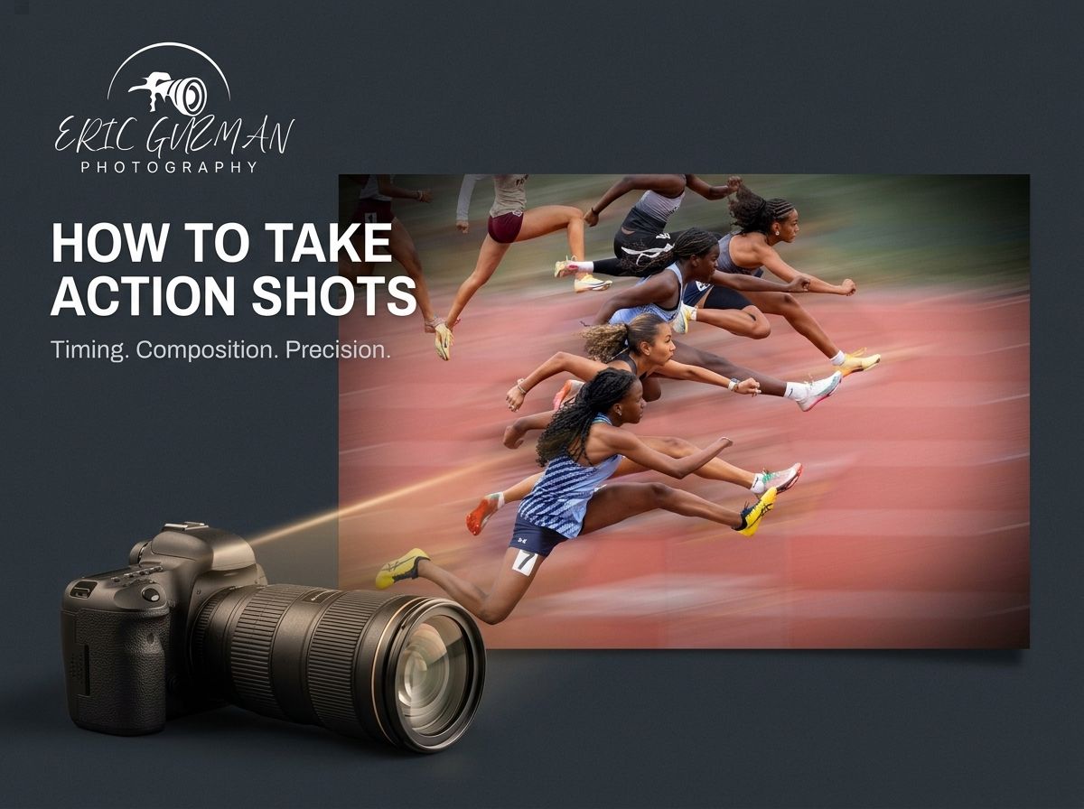 Eric Guzman Photography guide on how to take action shots featuring sprinters racing on a track with a camera in the foreground.