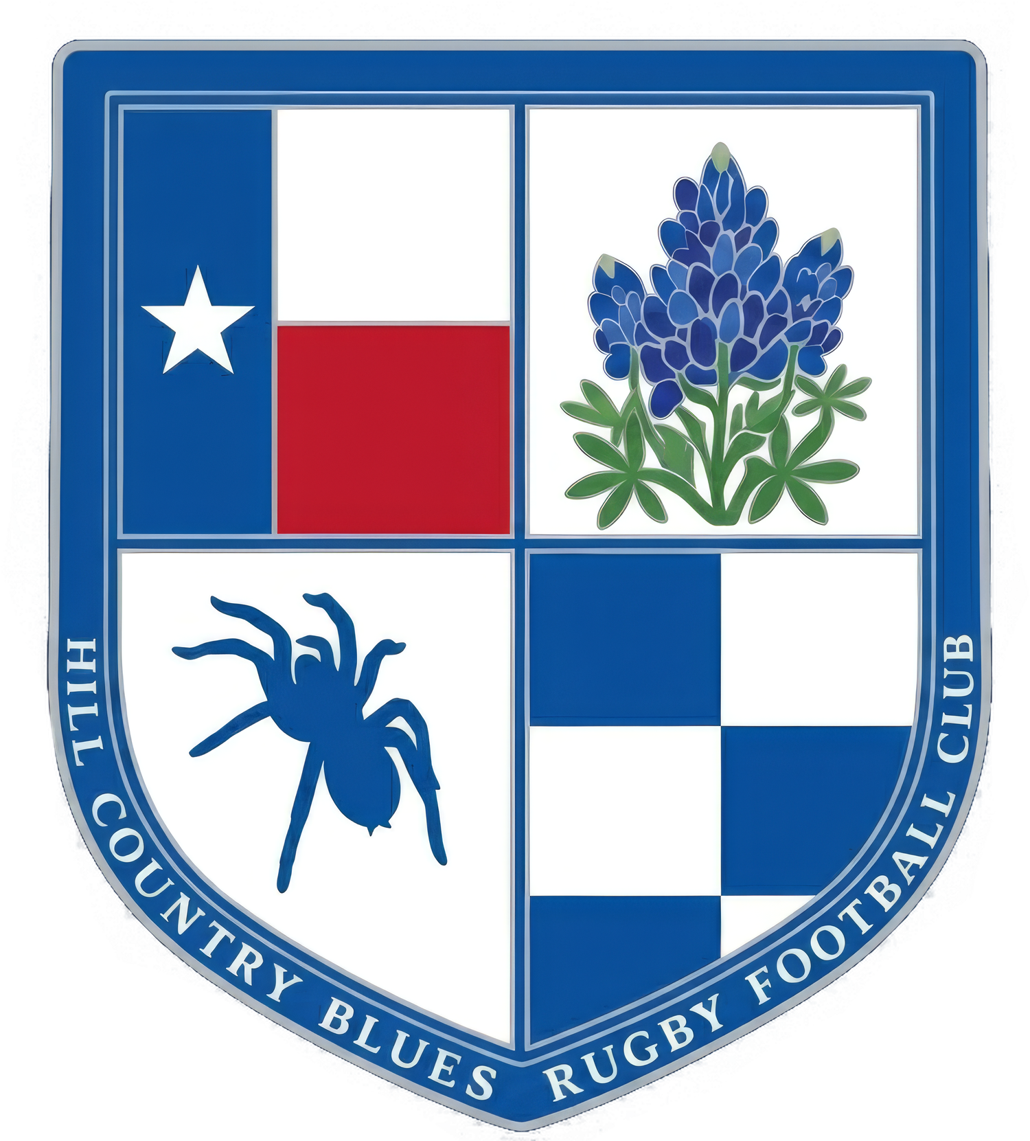 Hill Country Blues Rugby Football Club shield logo with Texas flag, bluebonnet, spider, and checkered pattern.