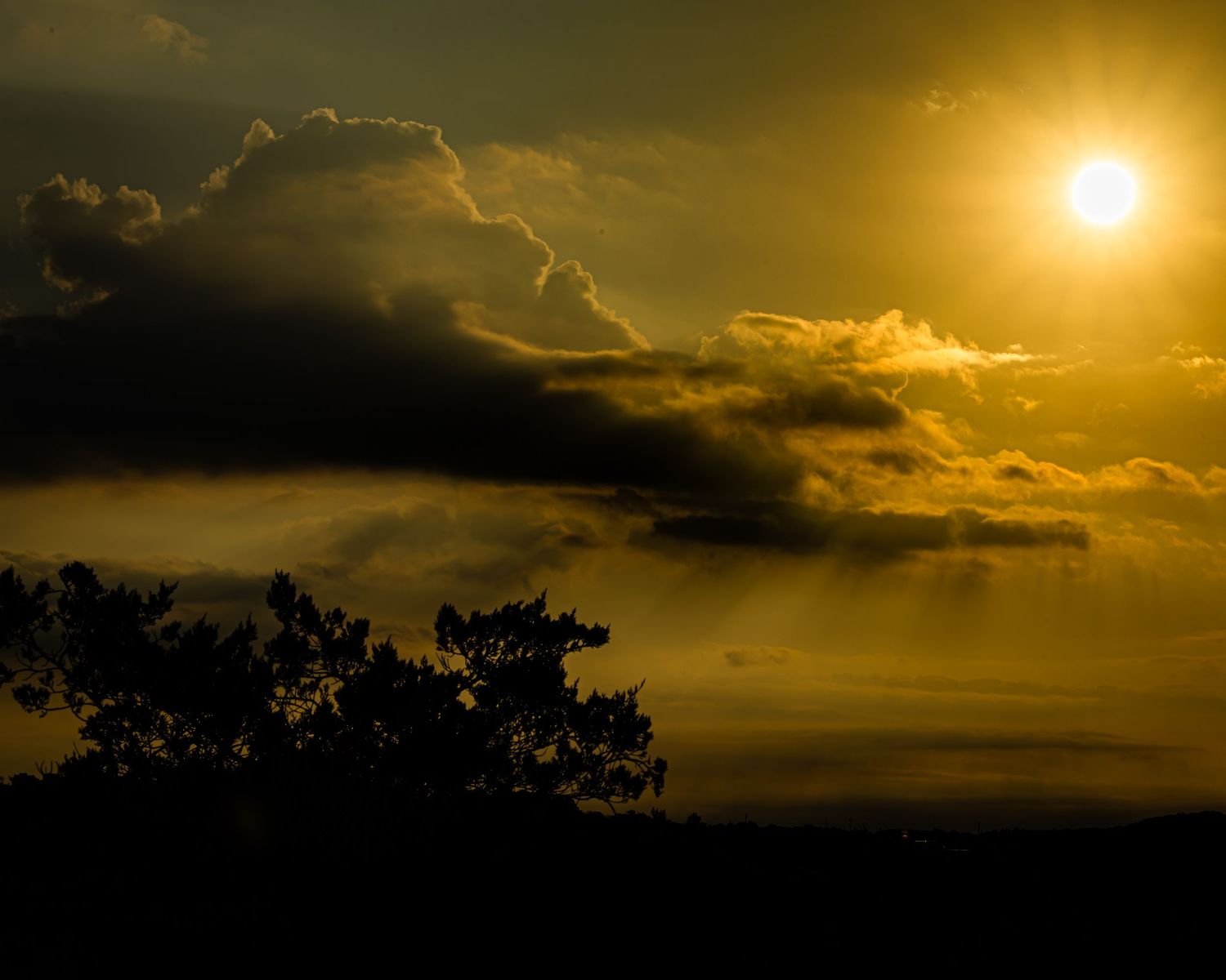 Dramatic golden sunset panorama with dark clouds silhouetted against vibrant orange sky and glowing sun.