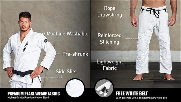 BJJ gi uniform with premium pearl weave fabric, rope drawstring, reinforced stitching, side slits, and free white belt included.