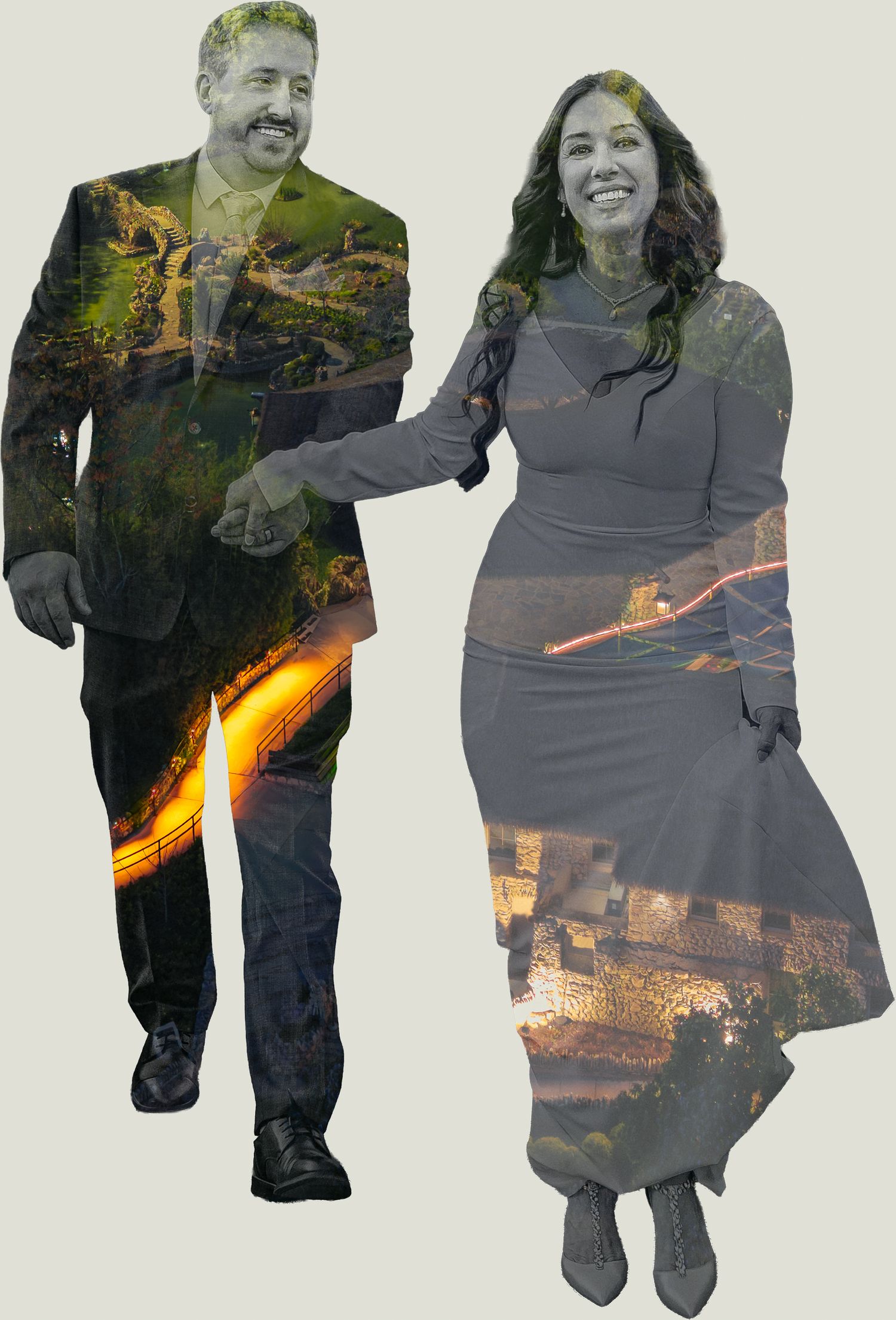 Double exposure silhouettes blend urban nighttime cityscapes with casual portraits creating an artistic overlay effect.