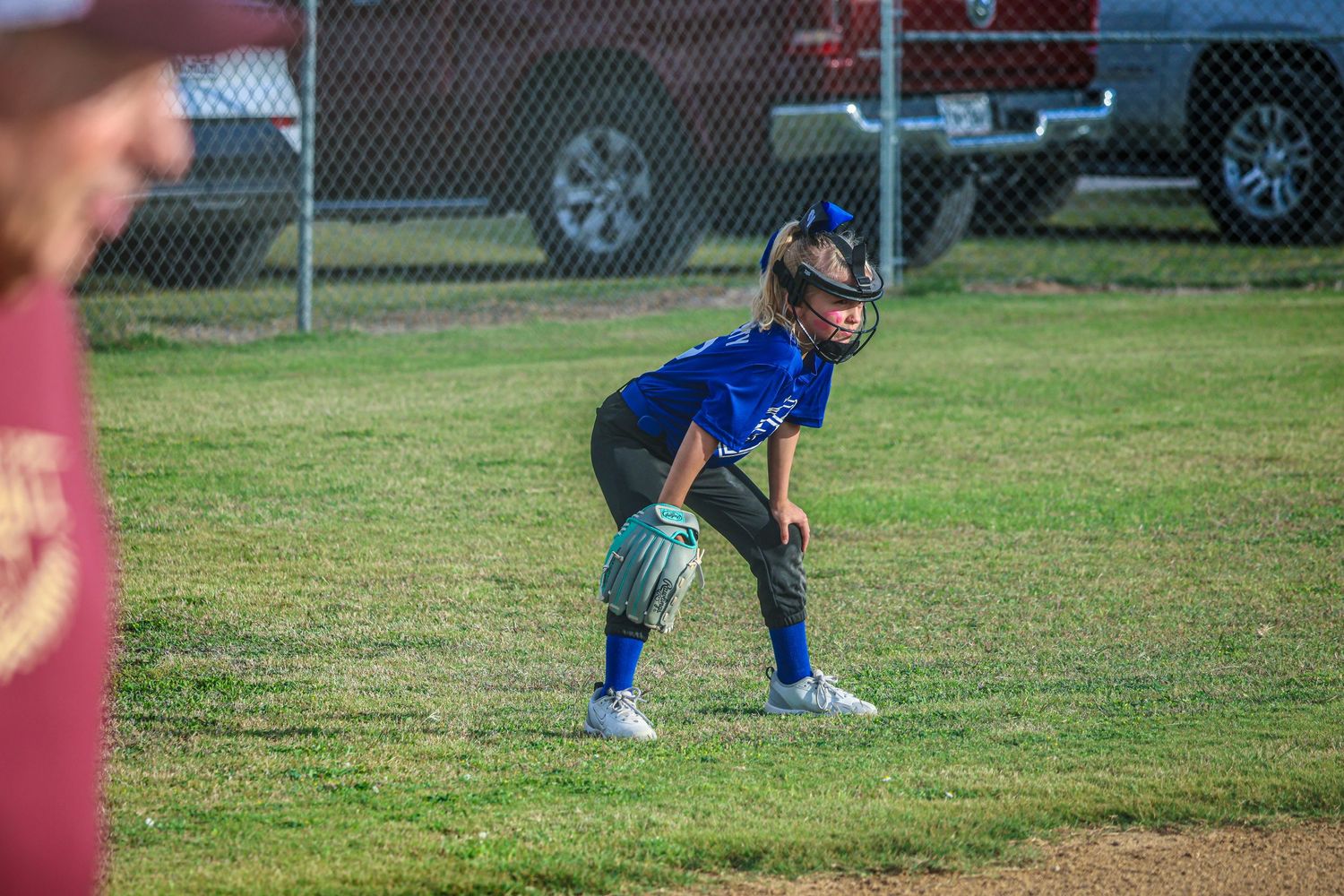 Young baseball player in blue jersey ready in fielding stance on green grass during a youth league game.