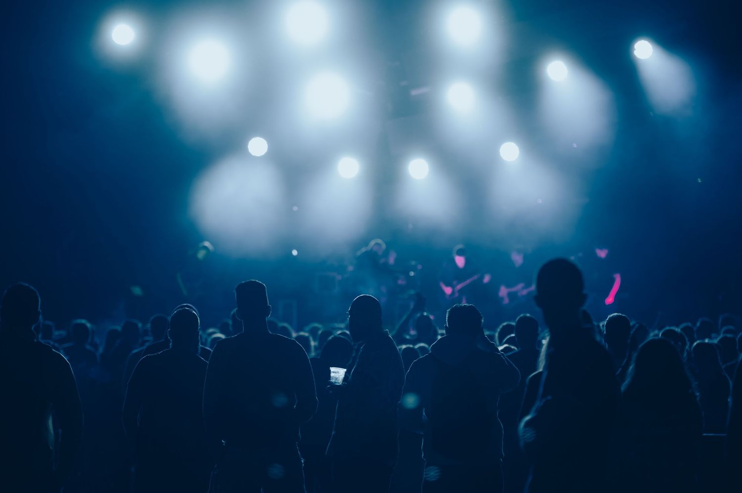 Crowd of silhouetted concert-goers bathed in blue stage lights at a live music event.