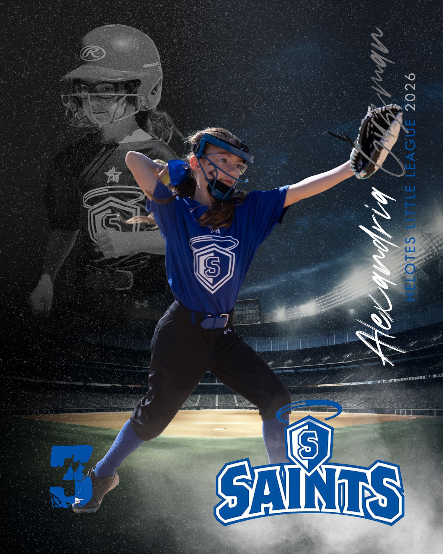 Saints softball player Alexandra pitching in blue jersey, number 3, with stadium backdrop and team logo.