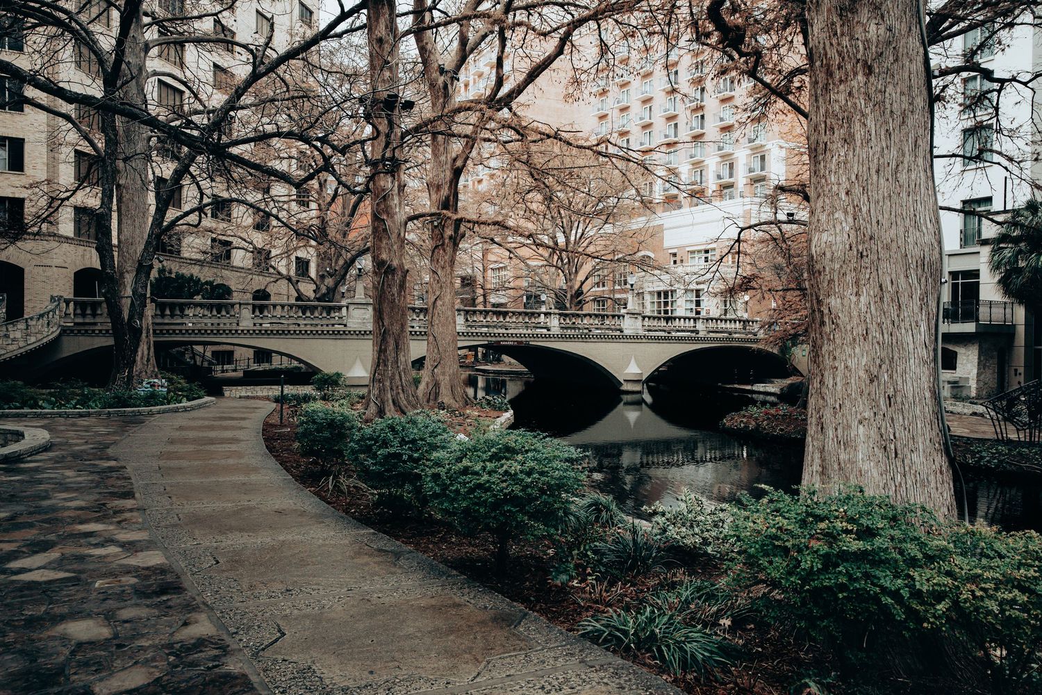 Urban pathway along stone bridge with bare trees and buildings in muted tones.