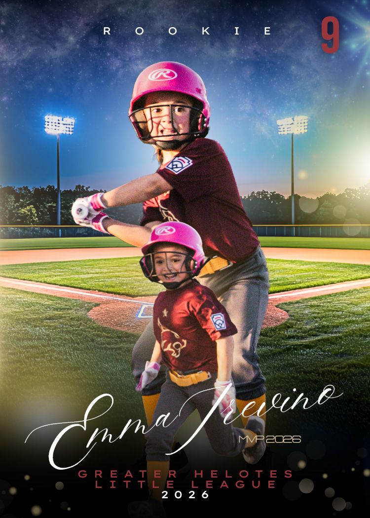 Emma Trevino, Rookie #9, Greater Helotes Little League 2026 MVP baseball card featuring a young girl batting.