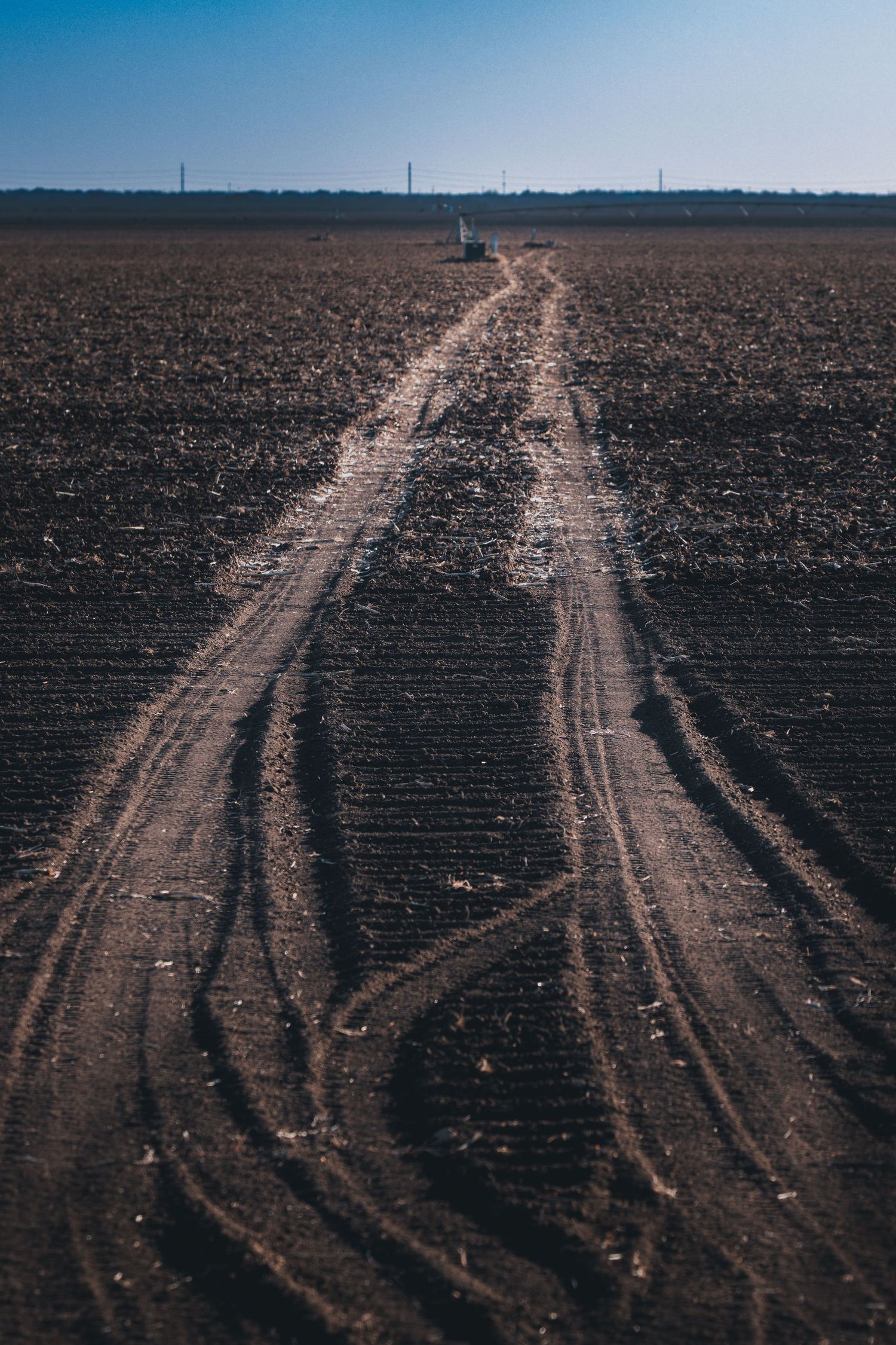 Tire tracks cut through a vast empty plowed field under a pale blue sky.
