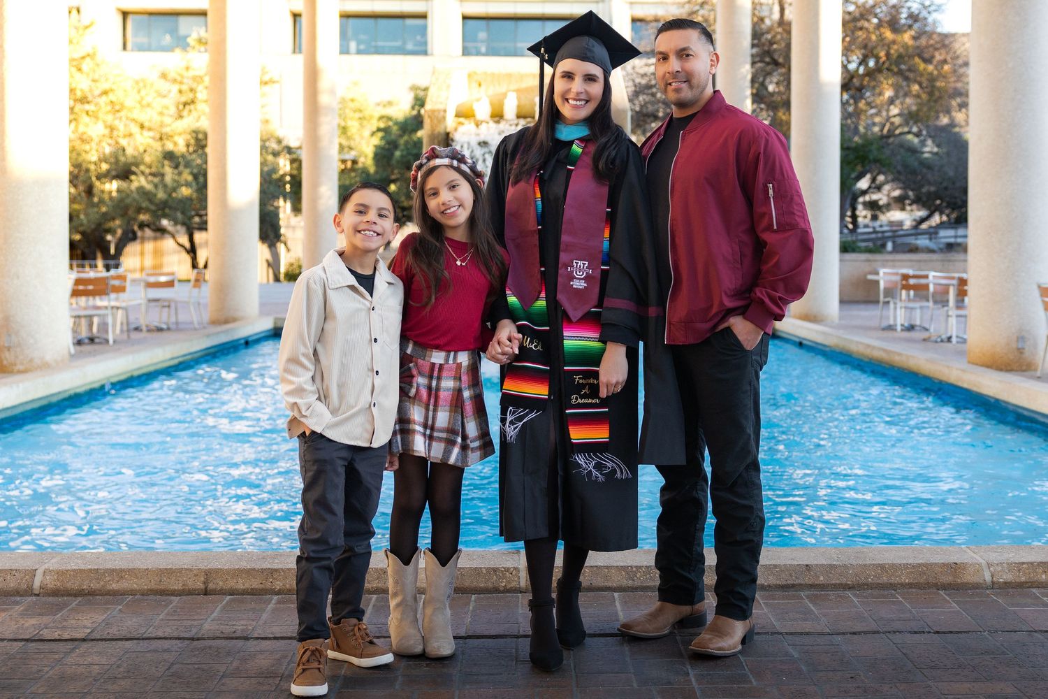 A series of graduation photos showing people posing together outdoors near a pool area.