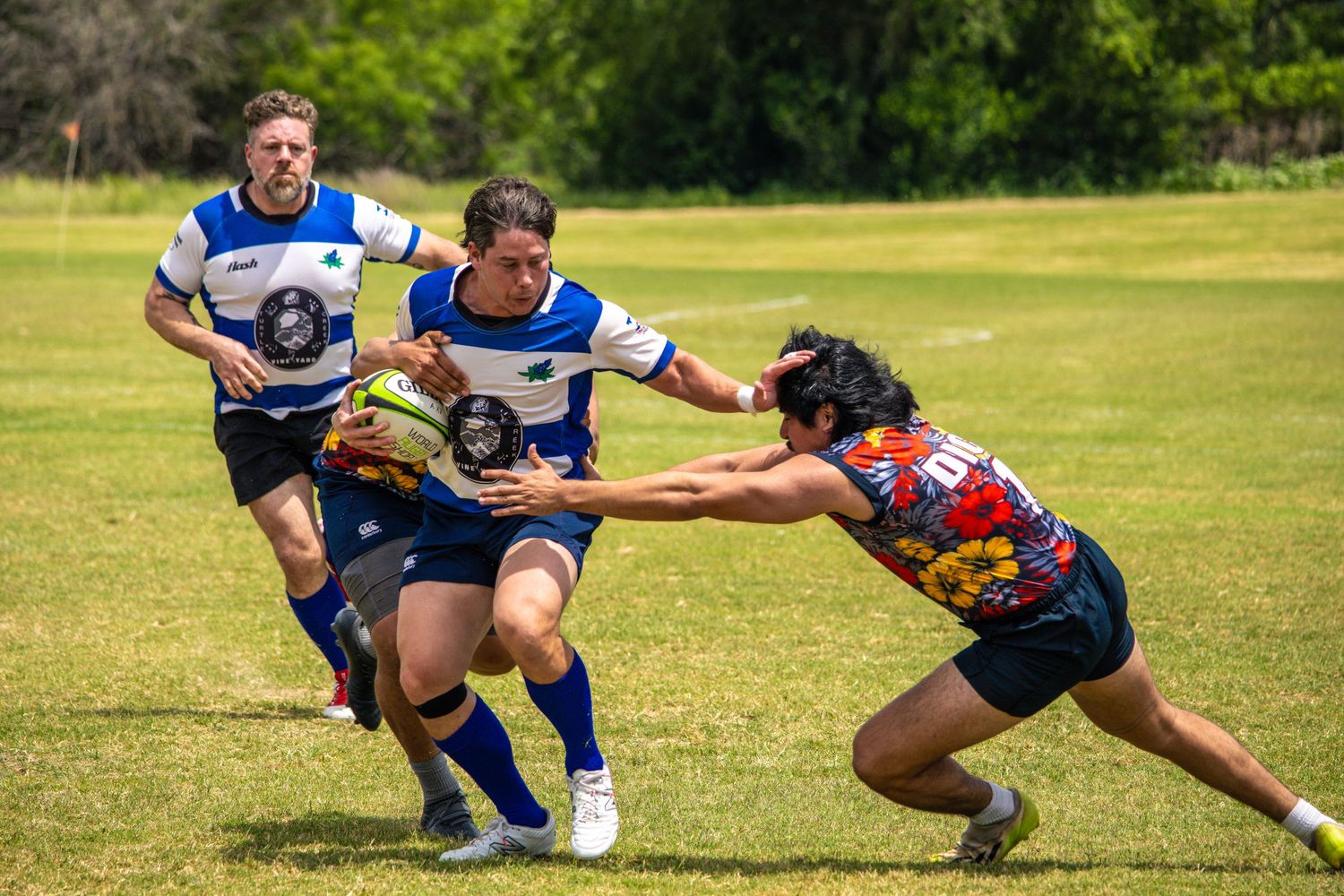Rugby players compete in an intense match, with a ball carrier in blue breaking through a tackle on a green grass field.
