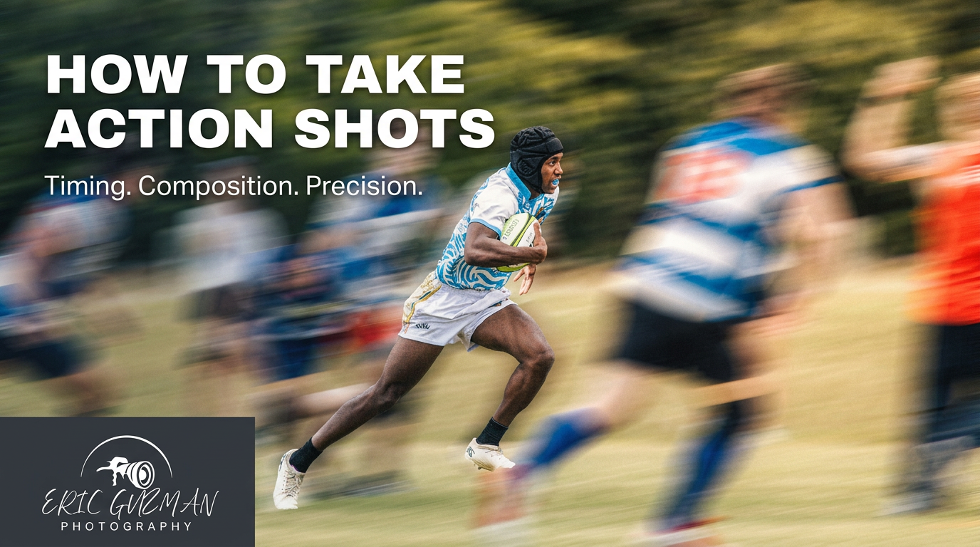 A rugby player sprints past opponents in a dynamic panned action shot with text overlay about photography timing and composition.