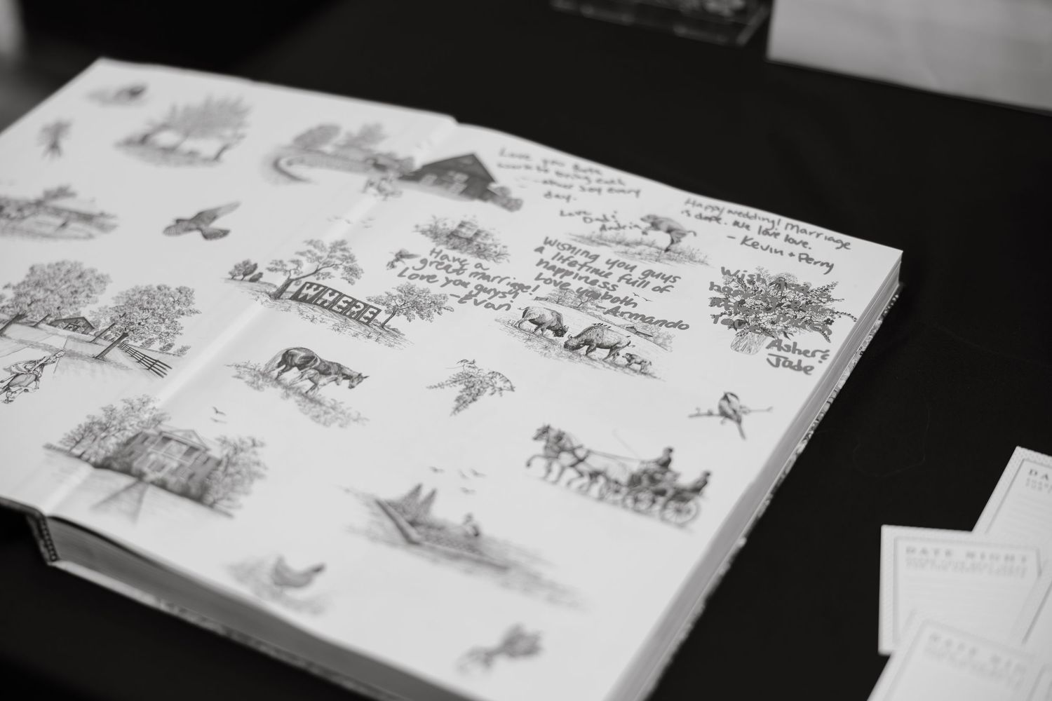 Elegant wedding guest book with detailed pen illustrations of countryside scenes and handwritten messages.