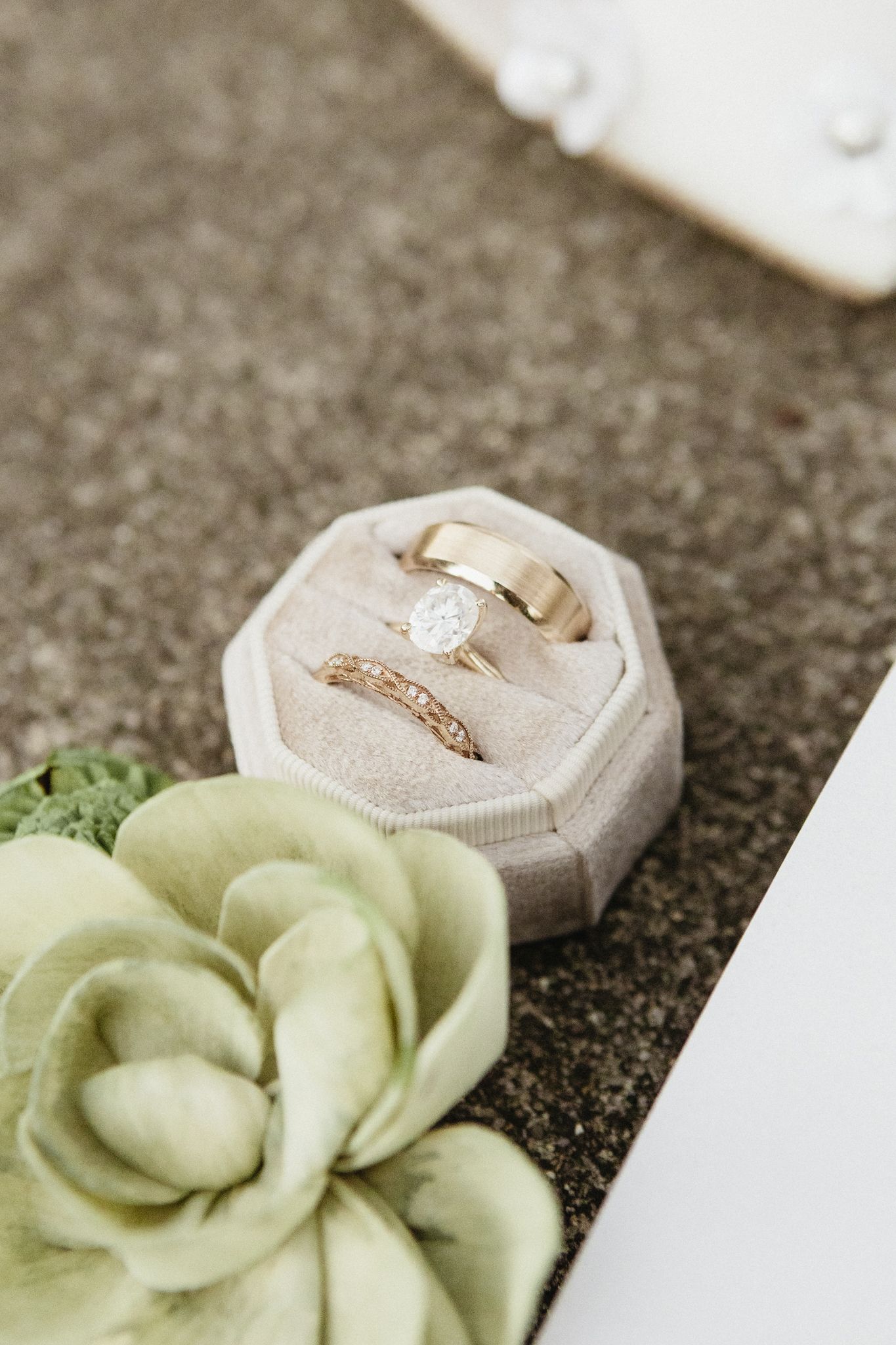 Wedding rings displayed in a hexagonal box with a pale green succulent flower decoration.
