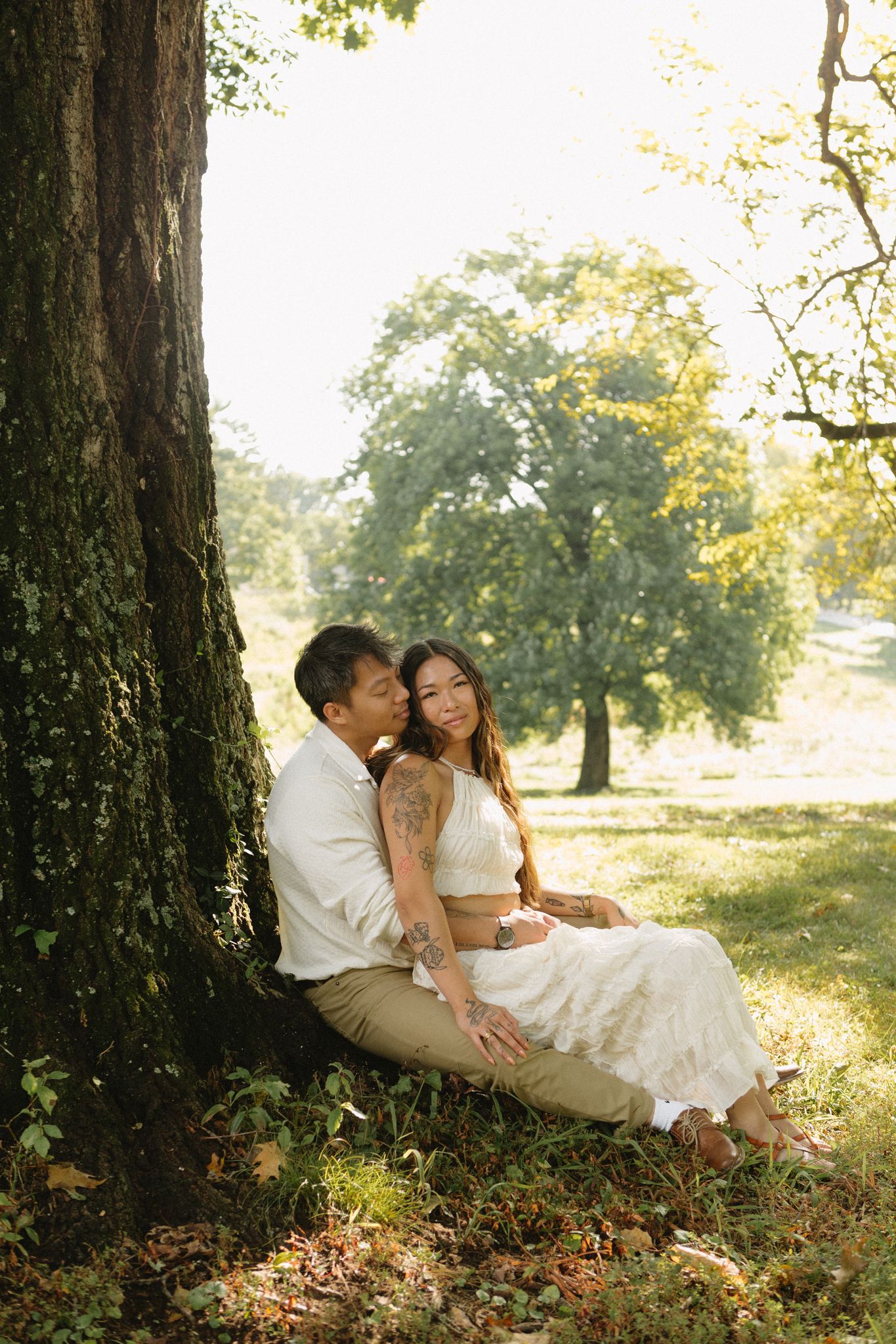 Cinematic romance photoshoot at Locust Grove with a stylish couple in neutral outfits