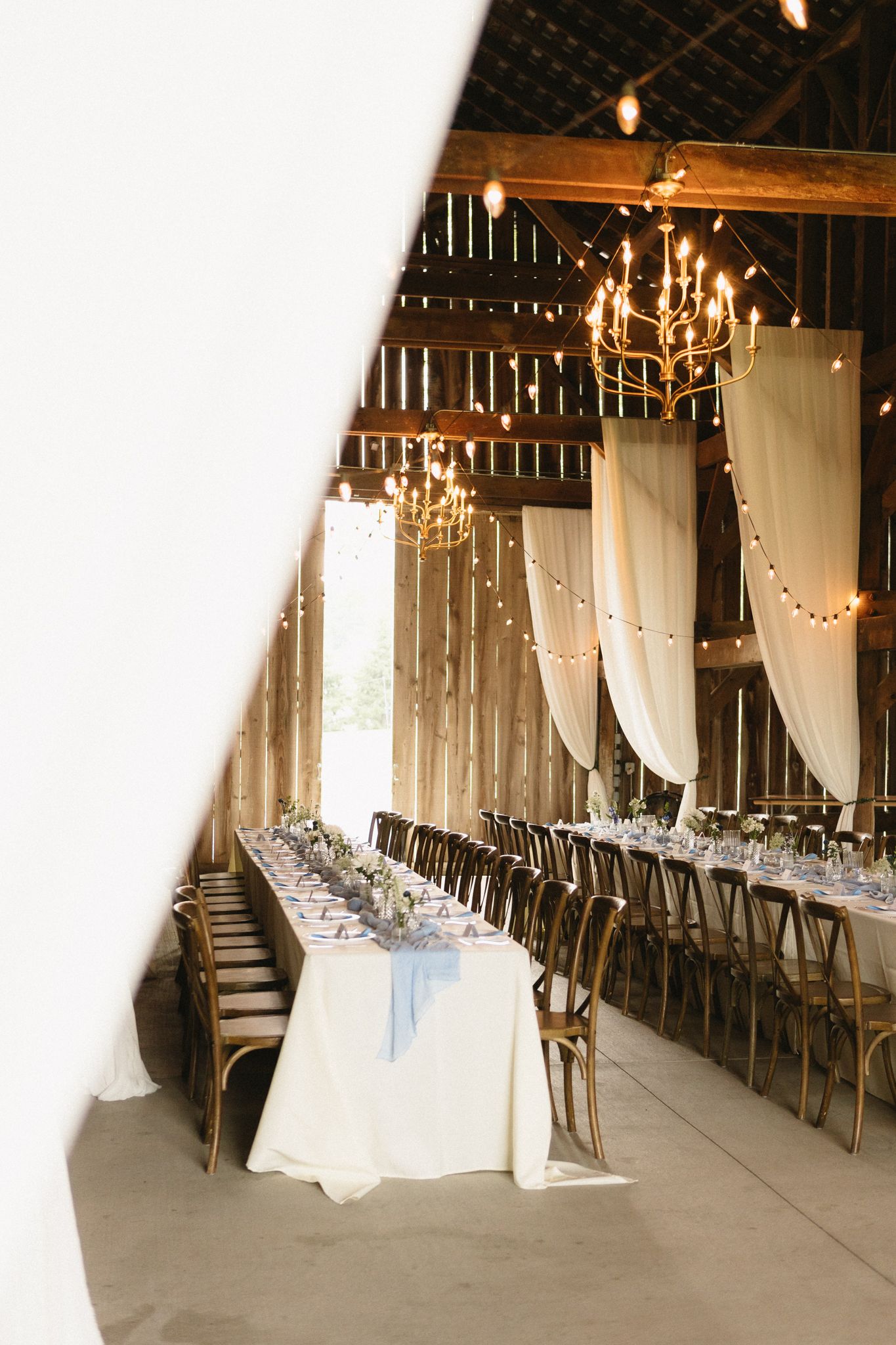 Rustic barn wedding venue with white drapes and hanging lights features long wooden dining tables.