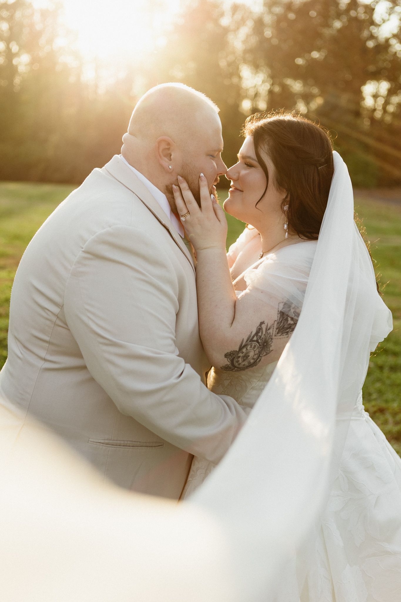 A romantic series of wedding photos showing a couple sharing intimate kisses in golden sunlight.