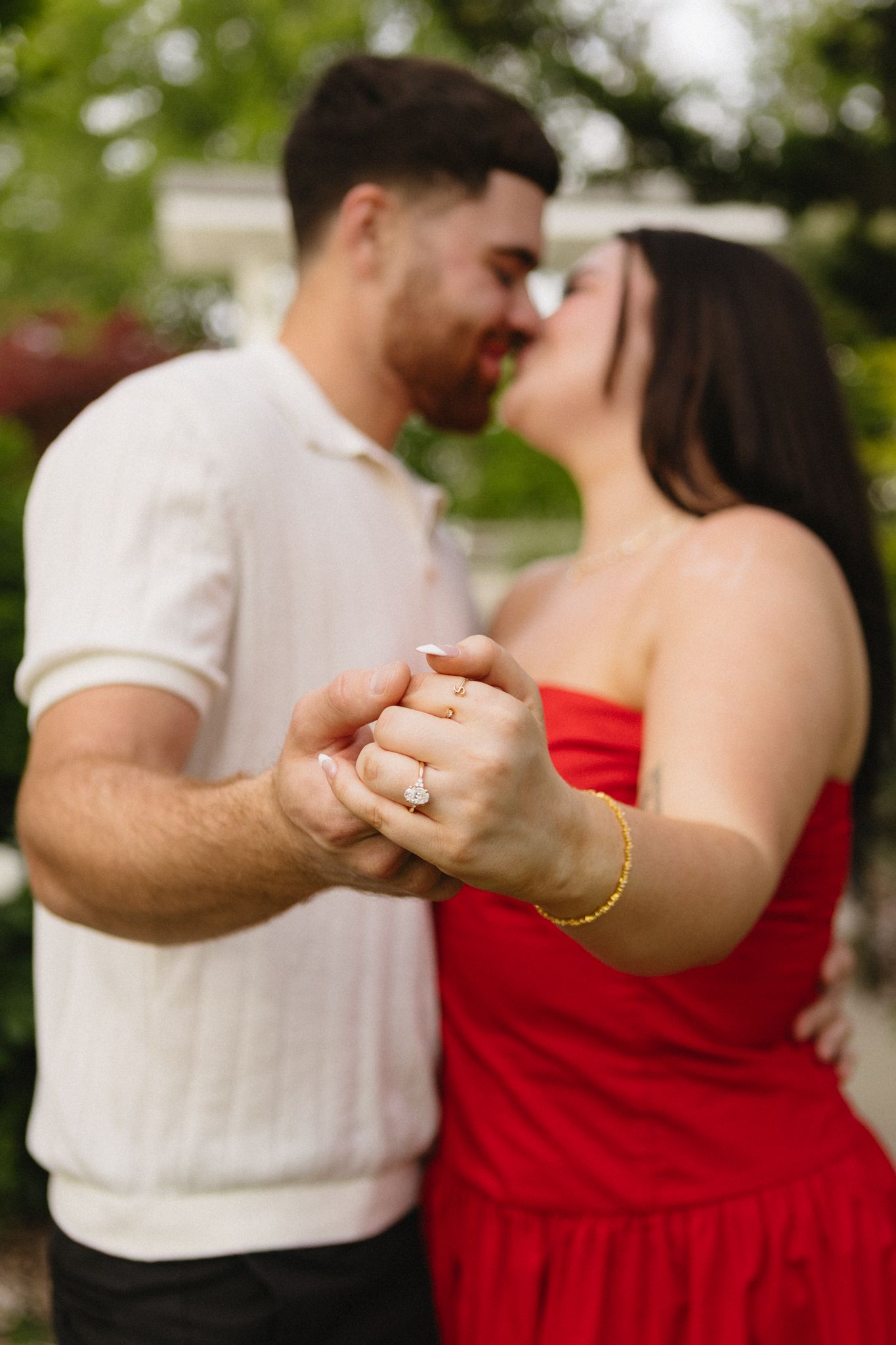 Four connected images showing a romantic dance pose with someone in a red dress and white shirt embracing.