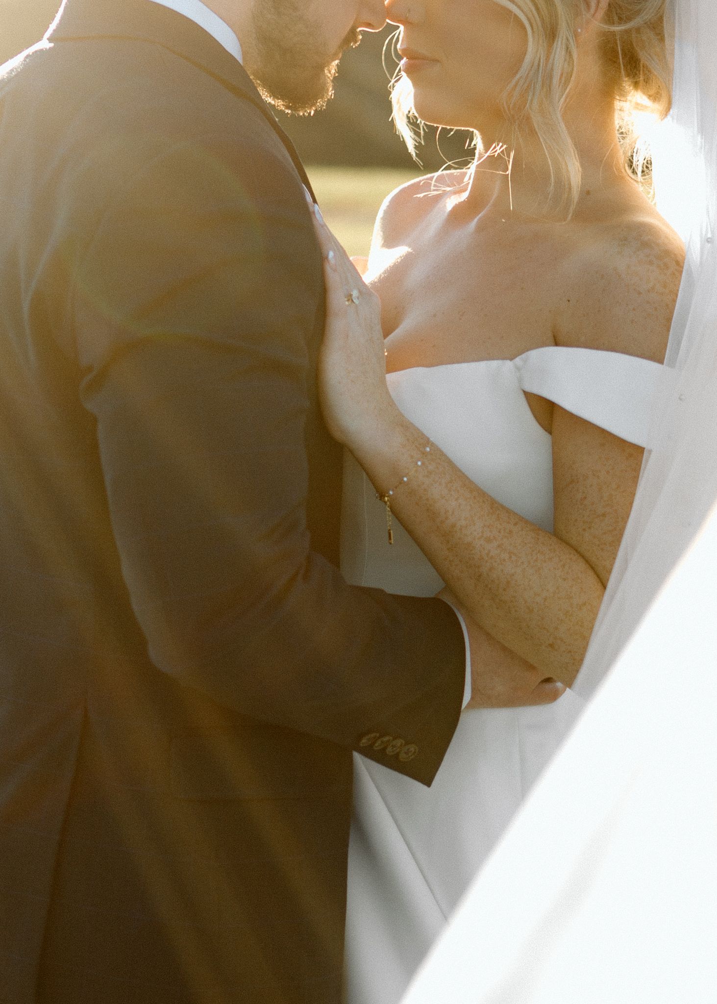 Bride and groom in golden hour light at Silo Farms, Kentucky, capturing a romantic wedding moment