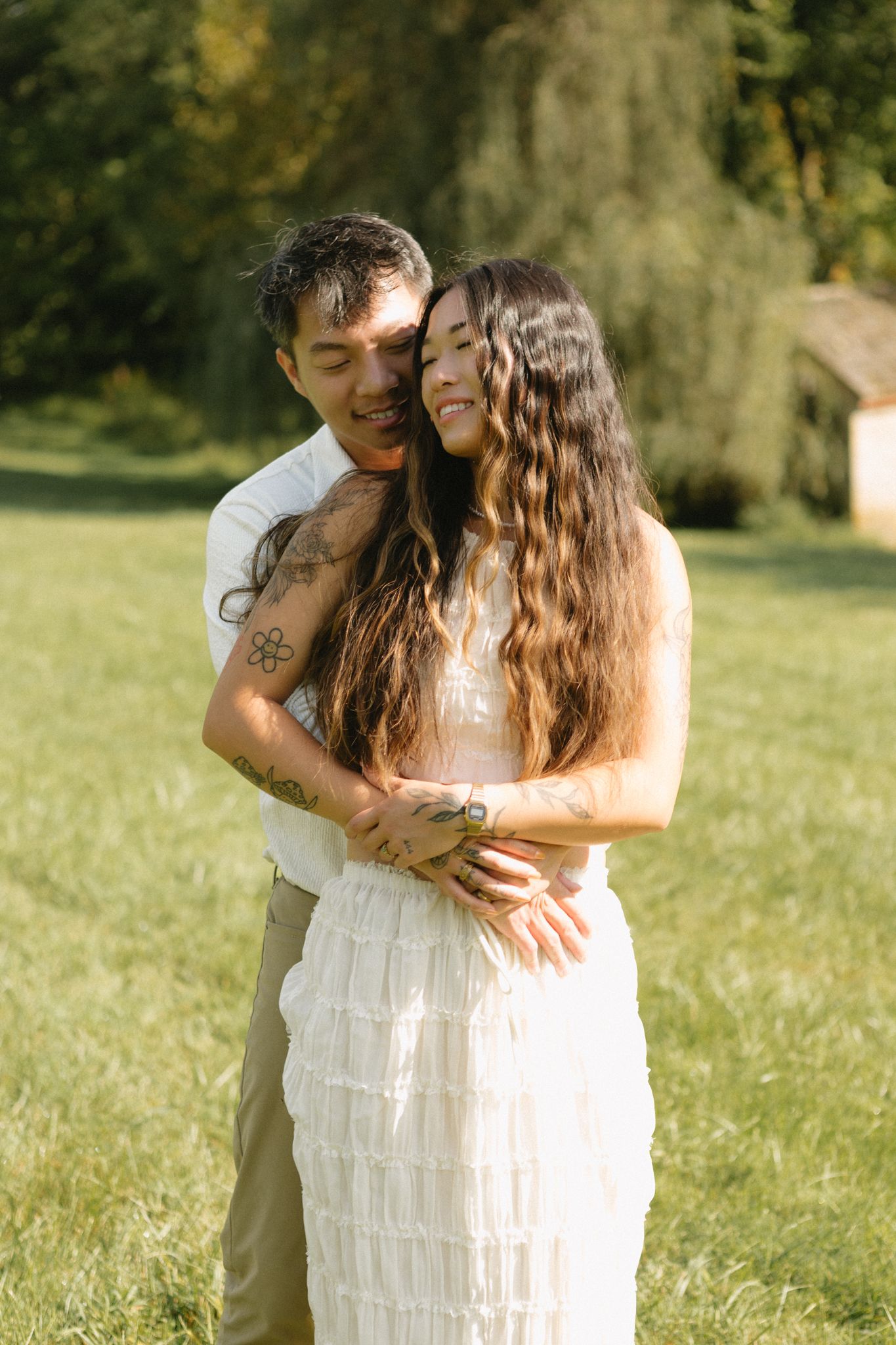 Cinematic romance photoshoot at Locust Grove with a stylish couple in neutral outfits