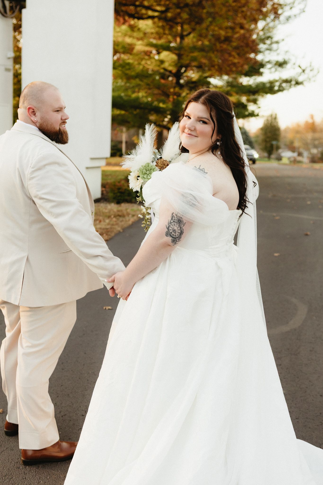 A romantic wedding photo sequence shows a couple in white spinning and dancing together outdoors in autumn.