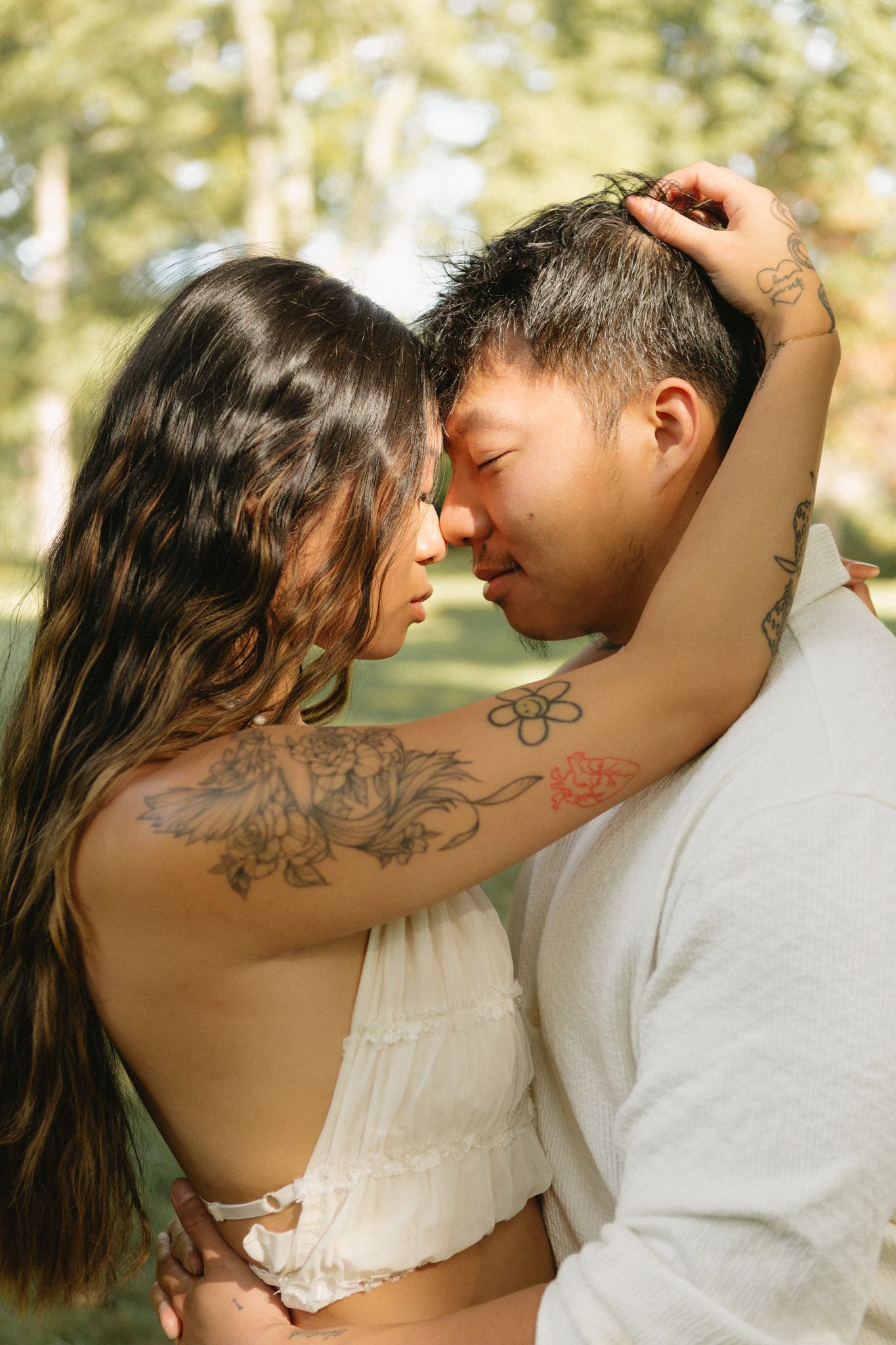Romantic boho couple session at Historic Locust Grove in cream and khaki outfits
