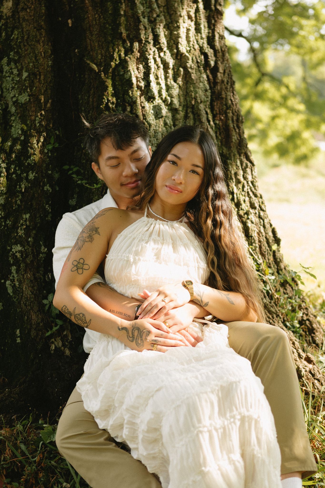 Cinematic romance photoshoot at Locust Grove with a stylish couple in neutral outfits