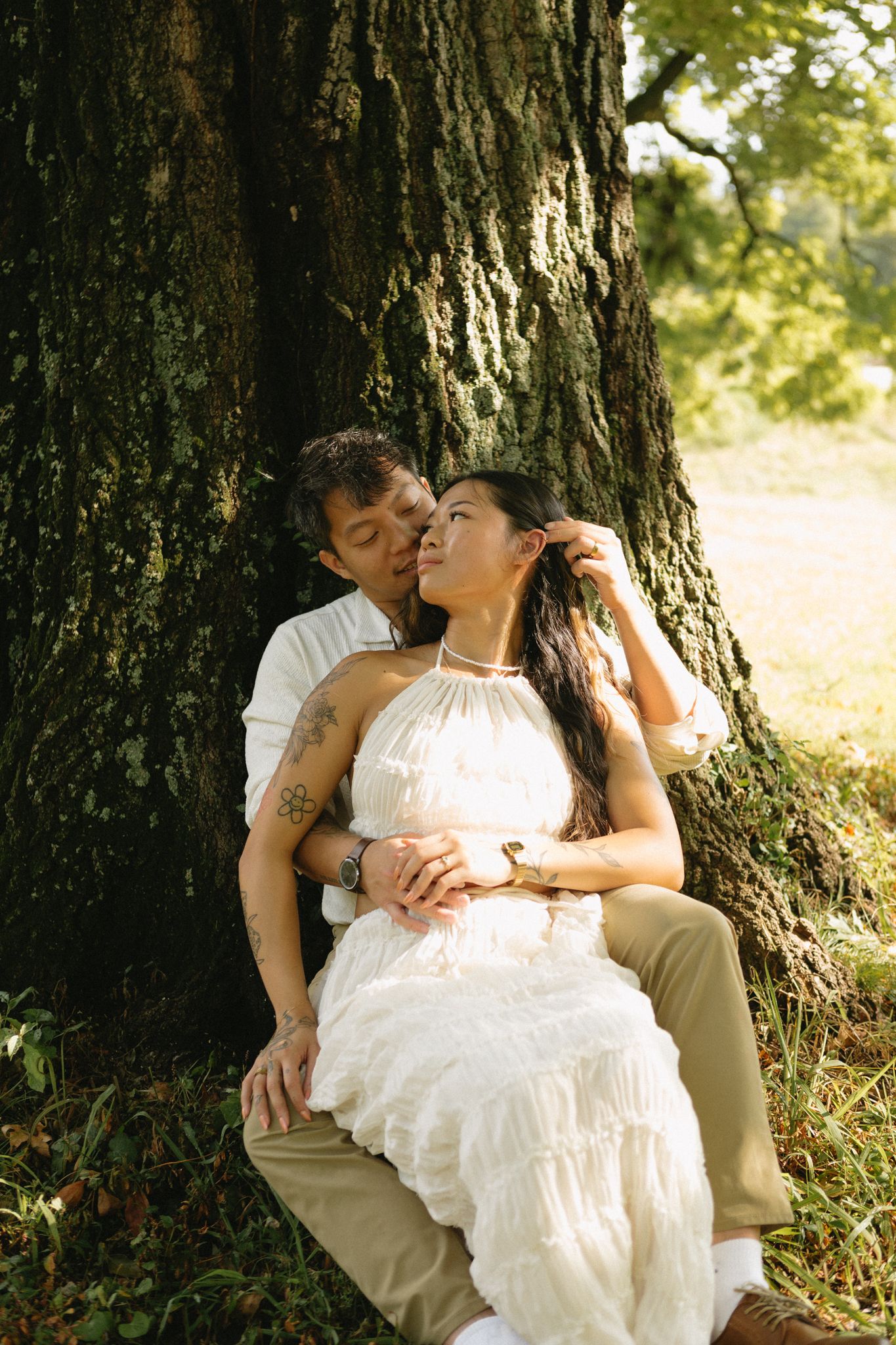 Cinematic romance photoshoot at Locust Grove with a stylish couple in neutral outfits