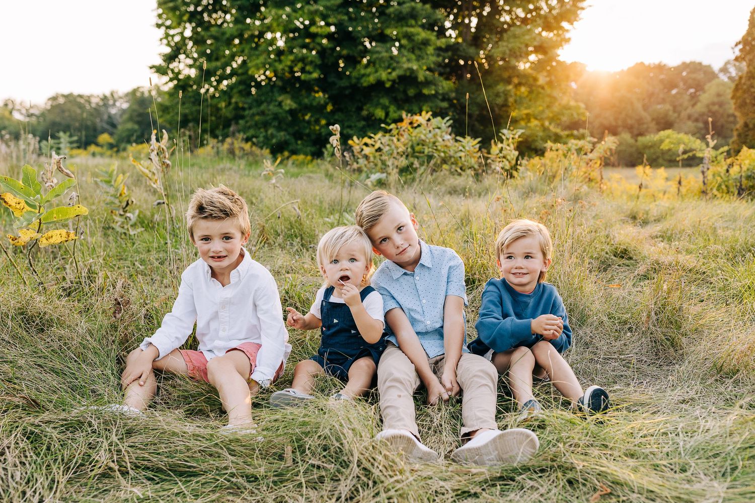Four brothers in a grassy field at sunset.