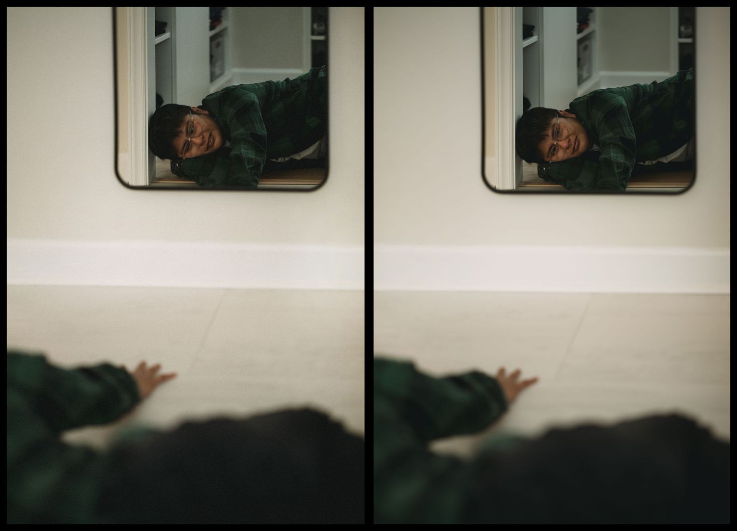 Fine art portrait of a genderqueer latinx person with glasses and black hair on the floor crying with their reflection in a mirror.