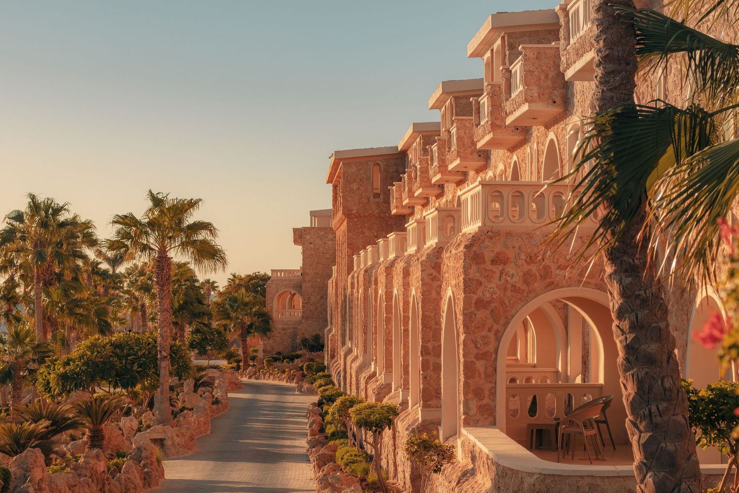 Luxury resort architecture at sunrise