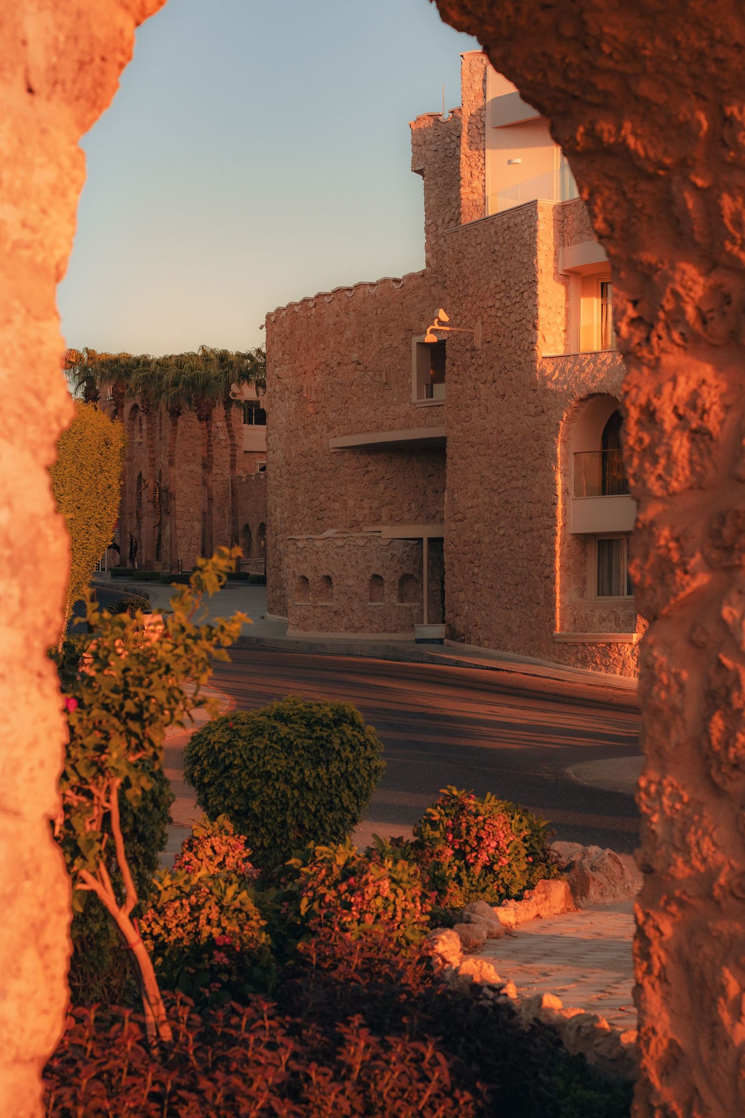 Sunset light over a luxury beachfront resort