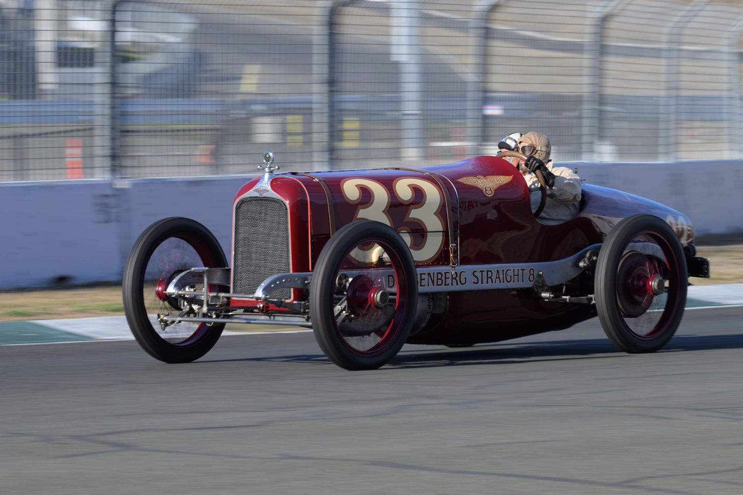 The Old Crow Speed Shop 1920 Duesenberg Straight 8 race car racing at the Sonoma Speedway