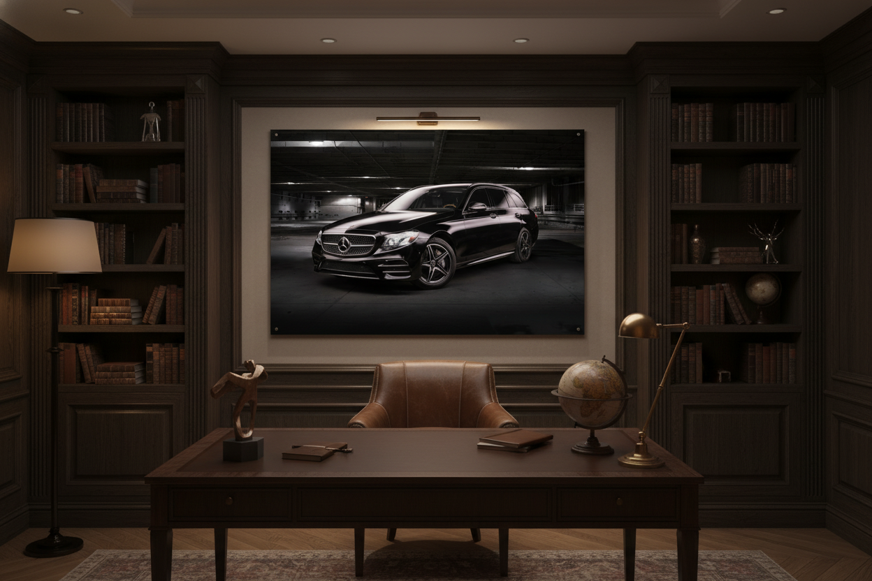 John Gayler light painting of 2017 W213 E-Class sports wagon in black trim in a warehouse setting, framed on the wall in a modern study