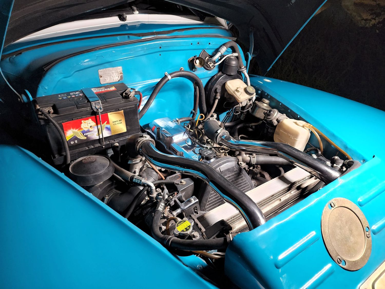 Under the hood of a vintage 1946 Chevrolet Fleetmaster with upgraded Toyota turbo-diesel engine in Old Havana Cuba