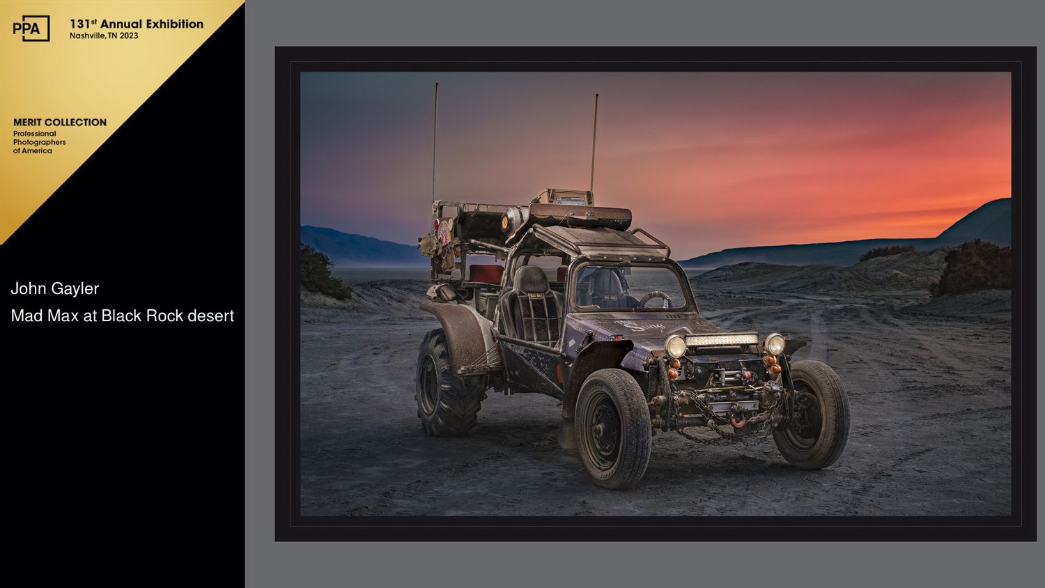 Mad Max roadster on the playa in the sunset at the Black Rock Desert photographed in a light painting style by John Gayler