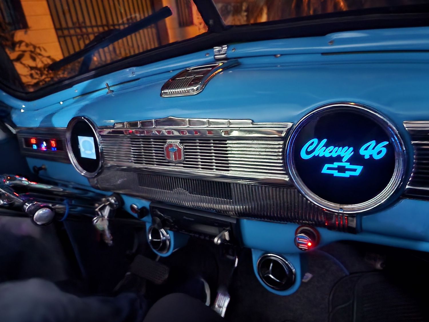 Interior of a vintage 1946 Chevrolet Fleetmaster with upgraded LCD displays in Old Havana Cuba