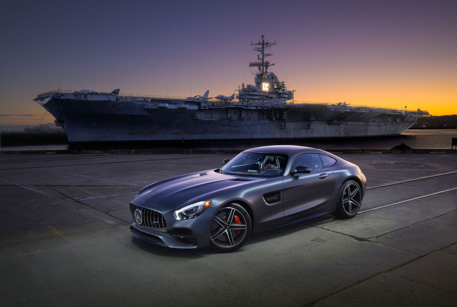 John Gayler Light Painting of a 2018 Mercedes AMG GTC in Designo Selenite Grey Magno matt finish paint with the USS Hornet aircraft carrier
