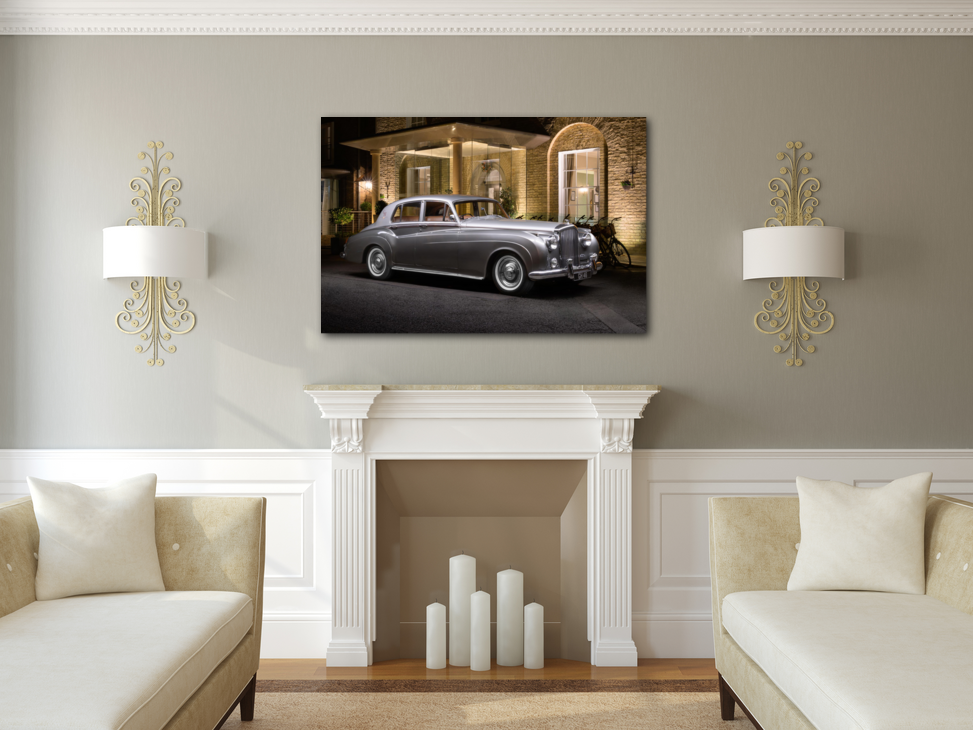 John Gayler Light Painting fine art wall portrait of a classic Bentley S1 limousine waiting outside the Gonville Hotel in Cambridge UK