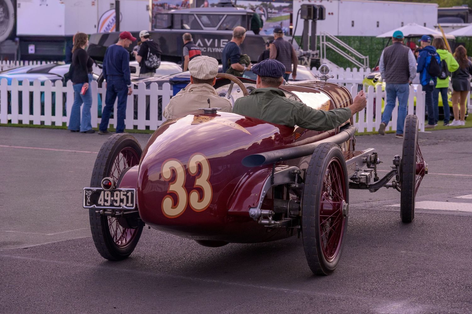 The Old Crow Speed Shop 1920 Duesenberg Straight 8 race car in the paddock at the Sonoma Speedway