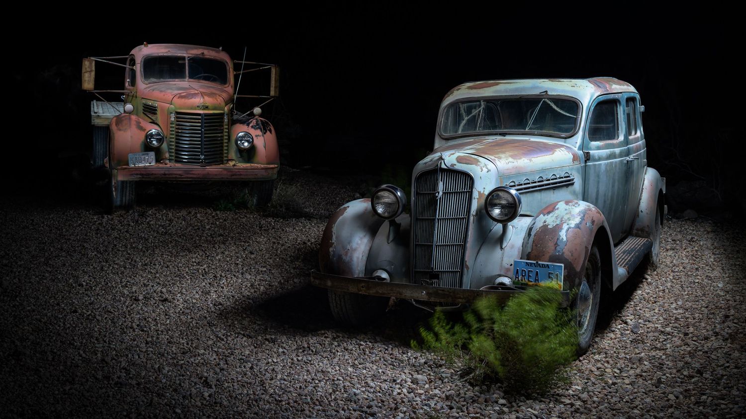 John Gayler light painting fine art wall portrait of 1940s International KB-6 truck and 1936 Plymouth P2 sedan  at Nelson Ghost Town Nevada