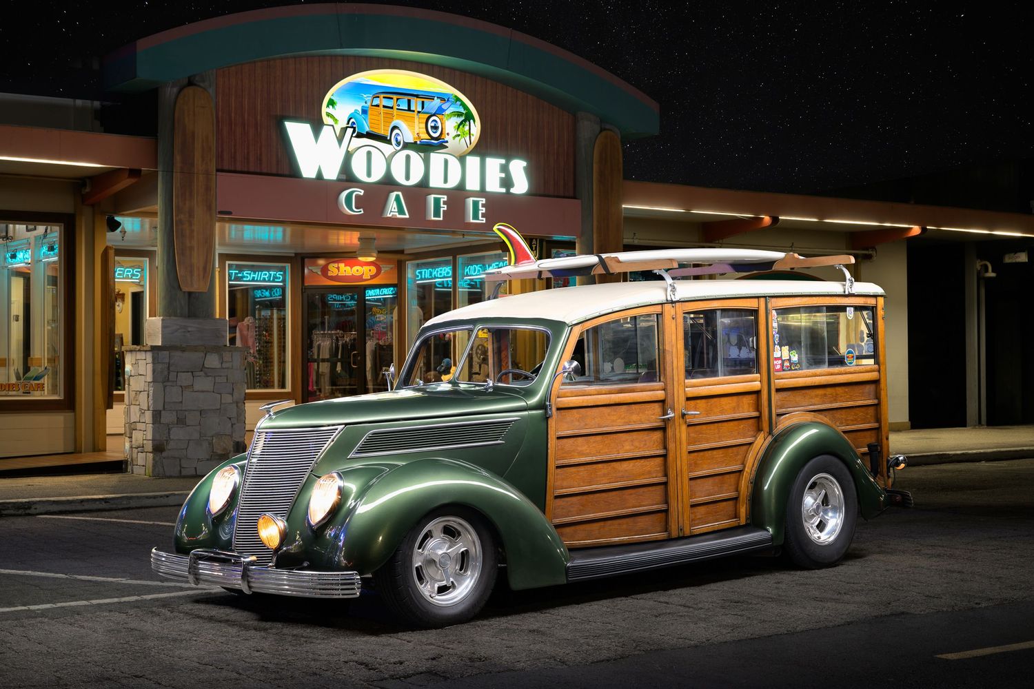 John Gayler Light Painting of a 1937 Ford Deluxe Woody for Woodies on the Wharf in Santa Cruz, outside the Woodies Cafe