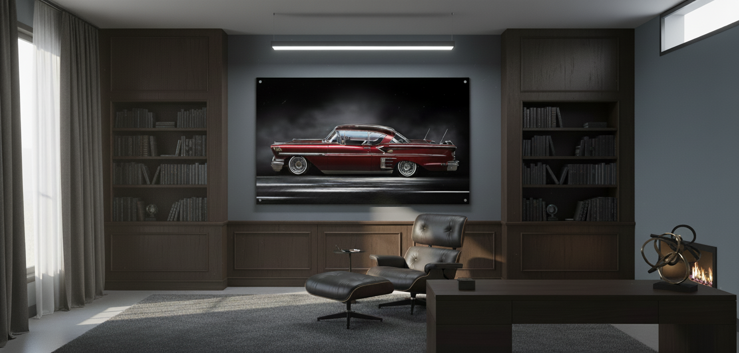 Modern living room with built-in shelving and large fine art print of a vintage red  Chevrolet Impala car displayed prominently on dark wall