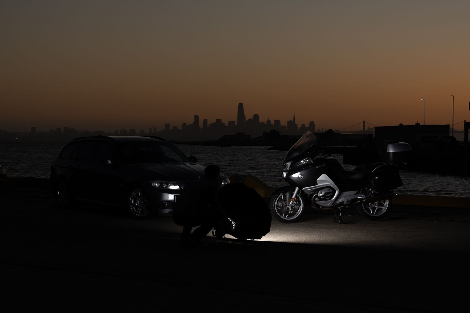 A single frame from a John Gayler light painting series of a BMW 1200 RT touring cycle accentuates details of the bodywork and accessories