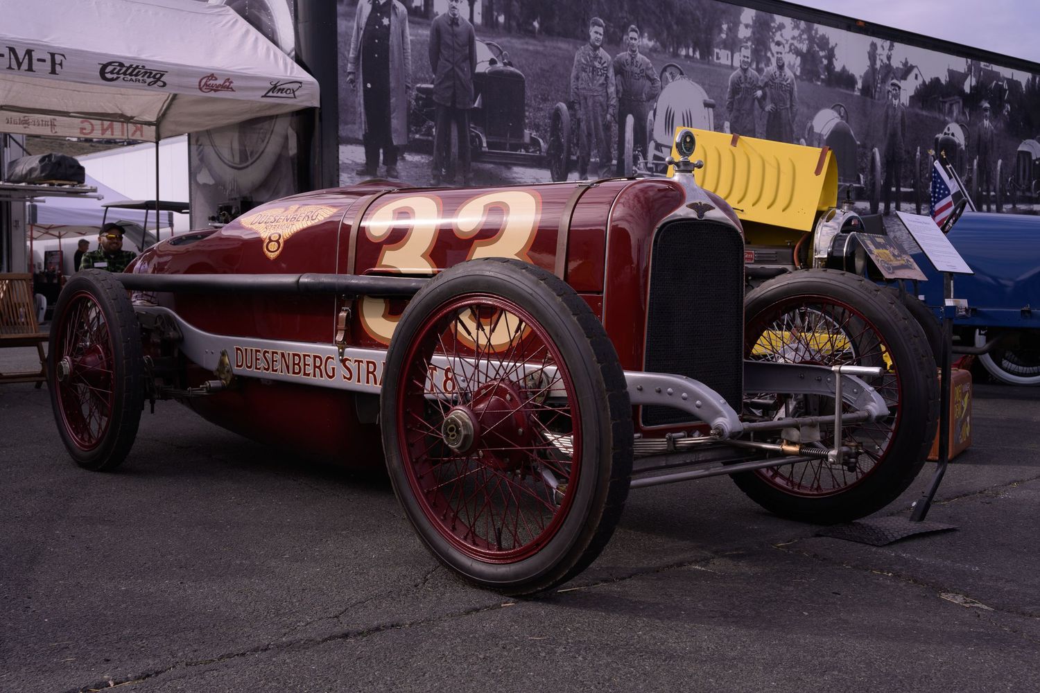 The Old Crow Speed Shop 1920 Duesenberg Straight 8 race car in the paddock at the Sonoma Speedway