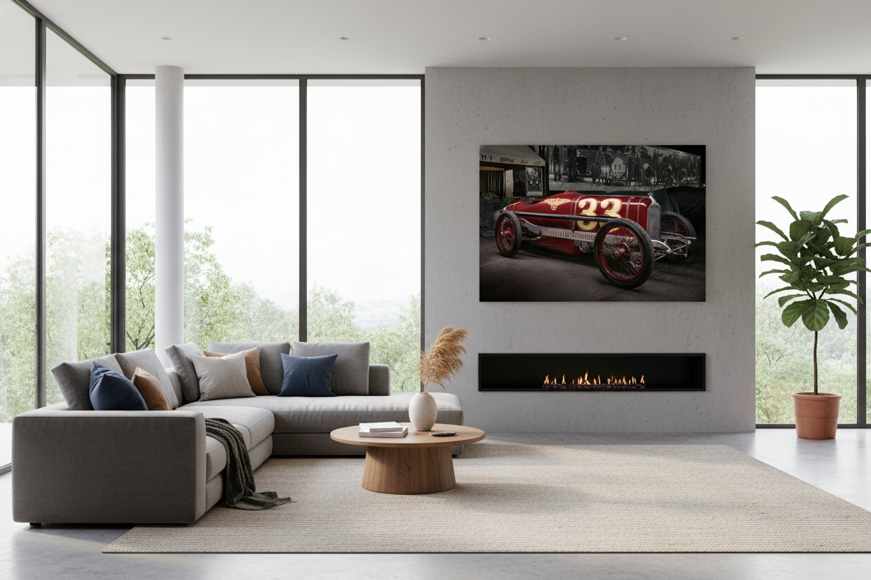 A modern dining room with a wall print of a classic Duesenberg captured by John Gayler Photography in his signature light painting style.