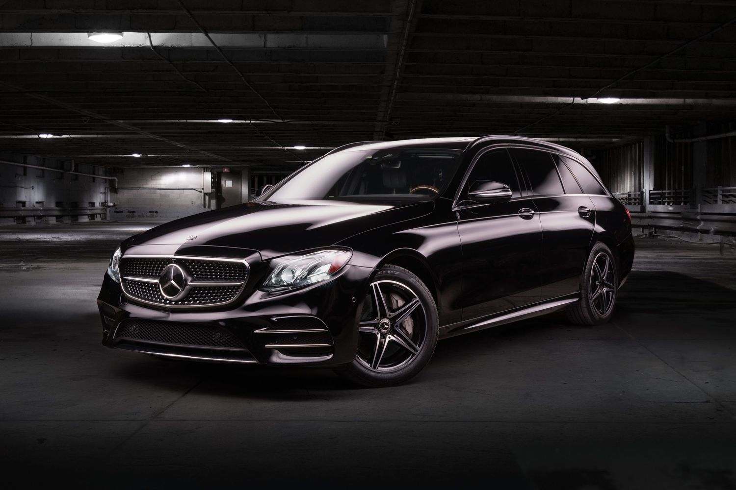 John Gayler light painting fine art wall portrait of 2017 W213 E-Class sports wagon in black trim in a warehouse setting