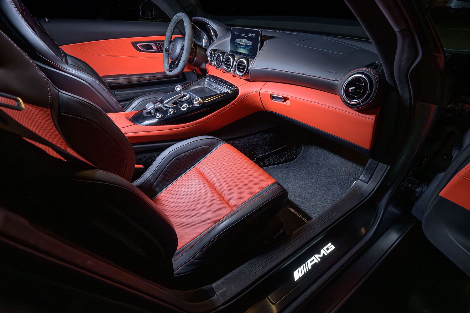 John Gayler Light Painting of a 2018 Mercedes AMG GTC with a striking Designo interior featuring a Red Pepper/Black Nappa Leather cockpit