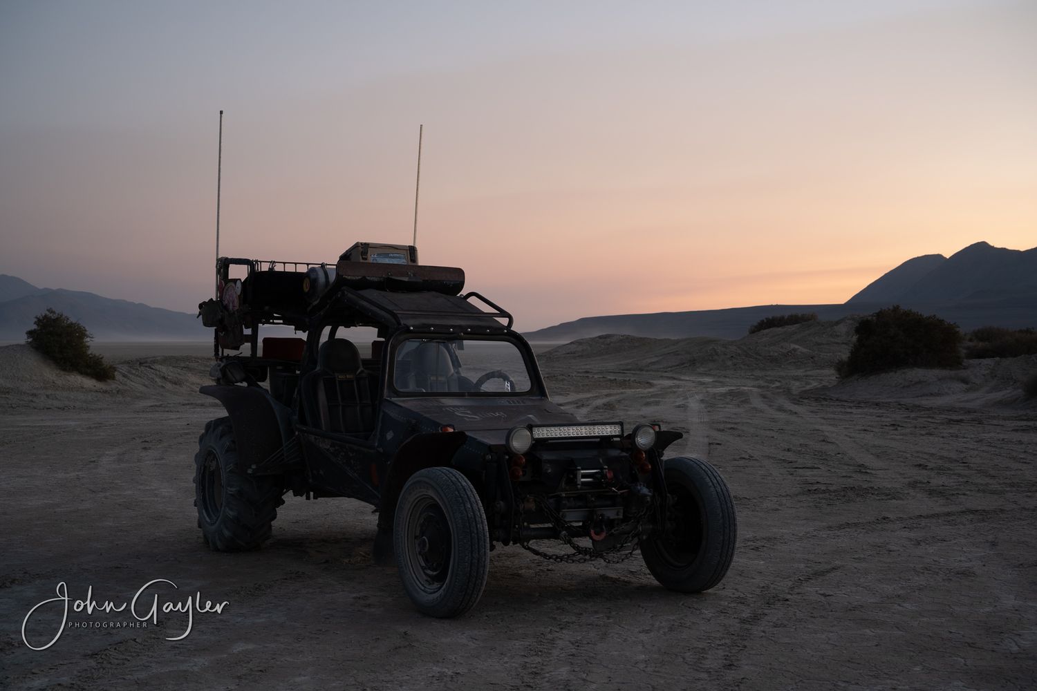 The Mad Max roadster waits in the sunset before a light painting session to create a fine art wall portrait by John Gayler Photography